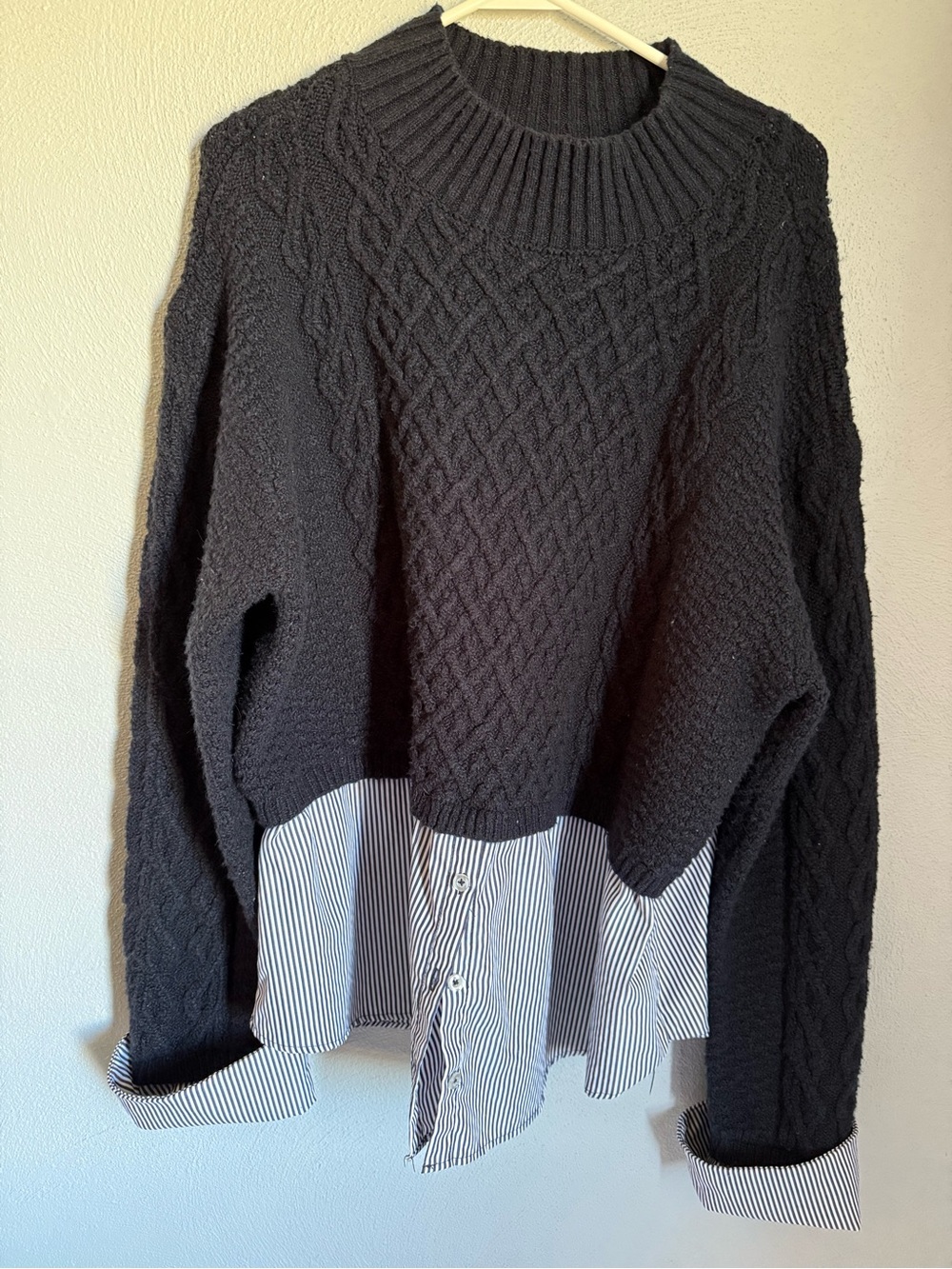 Maeve Navy Cable-Knit Crewneck Sweater with Striped Shirt Hem